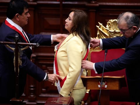 Dina Boluarte receives the presidential sash as she is sworn-in as the new president at Congress in Lima, Peru, in this file photo taken on Wednesday, Dec. 7, 2022. Boluarte was removed in a swift impeachment trial on Friday (October 11, 2025).