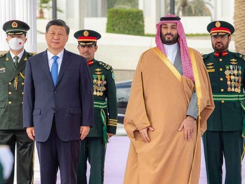 Saudi Crown Prince Mohammad Bin Salman welcomes Chinese President Xi Jinping in Riyadh, Saudi Arabia on December 8, 2022. 