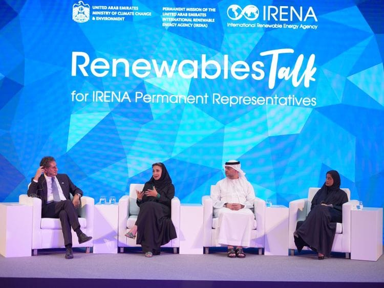 (L to R)Francesco La Camera, IRENA director general, Dr Nawal Al Hosany, permanent UAE representative to IRENA, Majid Al Suwaidi, COP28 director general and Dr Lamya Fawwaz, executive director of brand and strategi-1670562867953