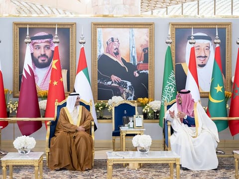 Sheikh Hamad bin Mohamed Al Sharqi, UAE Supreme Council Member and Ruler of Fujairah with Prince Mohammed bin Abdulrahman bin Abdulaziz Al Saud, Deputy Governor of Riyadh upon arriving at King Khalid International Airport to attend the Gulf Cooperation Council (GCC) Summit.