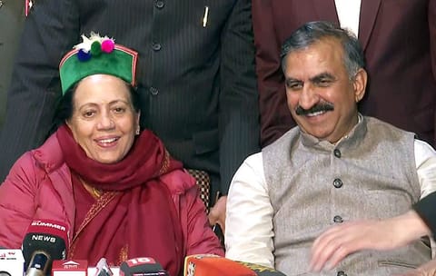 Himachal Pradesh Congress chief Pratibha Singh, party leader Sukhvinder Singh Sukhu after the Congress Legislature Party meeting, at the party office, in Shimla on Friday. 