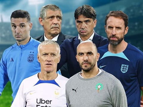 The iconic head coaches of the Top 6 teams in the FIFA World Cup Qatar 2022 (clockwise from top left): Lionel Sebastián Scaloni of Argentina, Fernando Santos of Portugal, Zlatko Dalić of Croatia, Gareth Southgate of England, Walid Regragui of Morocco, and  Didier Claude Deschamps.