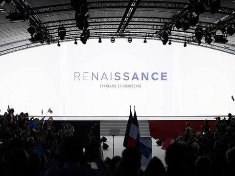 This file photo taken on September 17, 2022 shows the logo of Renaissance during the LREM congress and the launching of the party Renaissance in Paris. 