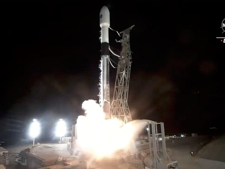 In this image made from video provided by NASA, a SpaceX rocket carrying the Surface Water and Ocean Topography satellite lifts off from Vandenberg Space Force Base in California, on Dec. 16, 2022.
