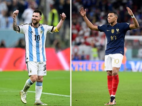 Argentina’s forward Lionel Messi (left) and France’s forward Kylian Mbappe. Today we’ll see if a genius leaves his mark for posterity or the future hope steps up