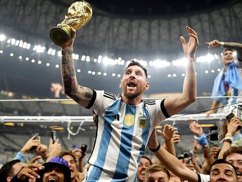 Argentina’s captain Lionel Messi celebrates after beating France 4-2 on penalties to win the FIFA World Cup Qatar 2022 at the Lusail Stadium on December 18, 2022. It was Argentina’s first win after 36 years.