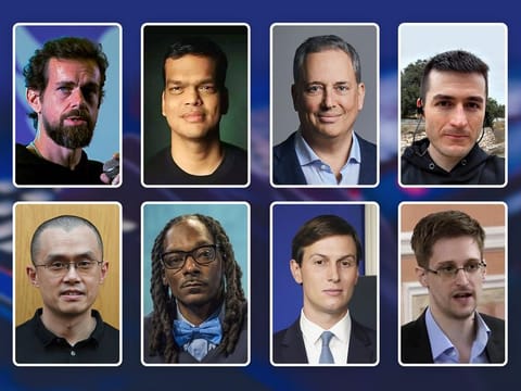 Clockwise, from top left:Jack Dorsey, Sriram Krishnan, David Sacks, Lex Fridnman, Edward Snowden, Jared Kushner, Snoop Dogg and Changpeng Zhao.