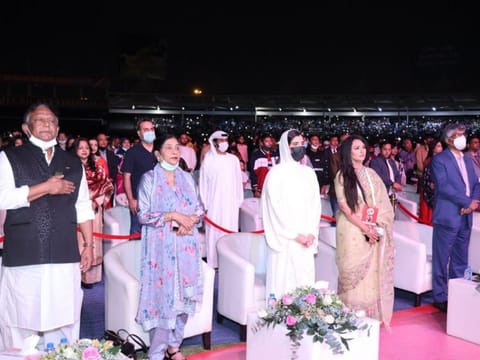 Dignitaries and other spectators at the Golden Jubilee celebrations of Bangladesh and UAE at Sharjah Cricket Stadium. 