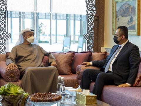 His Highness Sheikh Mohamed bin Zayed Al Nahyan, Crown Prince of Abu Dhabi and Deputy Supreme Commander of the UAE Armed Forces meets  Dr Maeen Abdulmalik Saeed, Prime Minister of Yemen at Al Shati Palace.