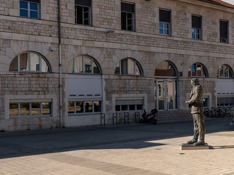 Statue of Victor Hugo on Human Rights' esplanade in Besançon, the historical capital of watchmaking in France