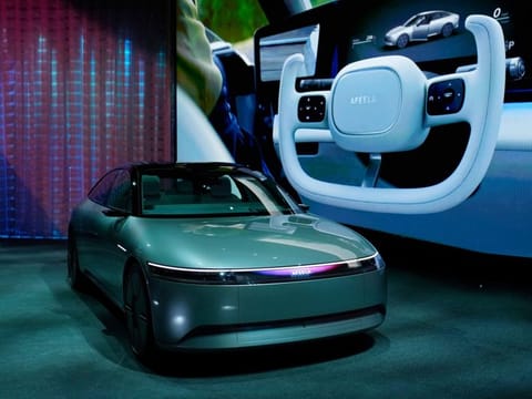 The electric vehicle prototype car Afeela, a joint venture between Sony and Honda, is on display during a Sony news conference before the start of the CES tech show Wednesday, Jan. 4, 2023, in Las Vegas. (AP Photo/John Locher)