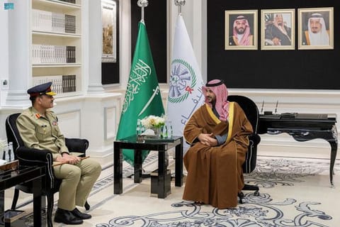 Saudi defence minister Prince Khalid bin Salman during his talks with Pakistan’s new army chief General Asim Munir in Riyadh on January 4, 2022. 