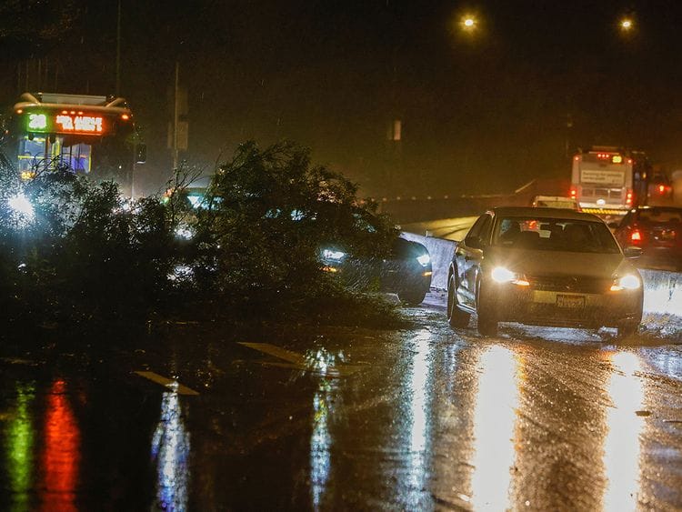 Traffic navigates around downed tree limbs