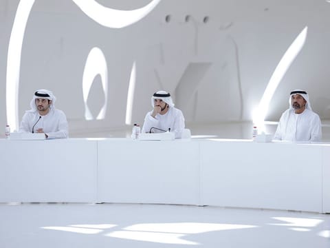 Sheikh Hamdan bin Mohammed bin Rashid Al Maktoum, Sheikh Maktoum bin Mohammed bin Rashid Al Maktoum, and Sheikh Ahmed bin Saeed Al Maktoum.