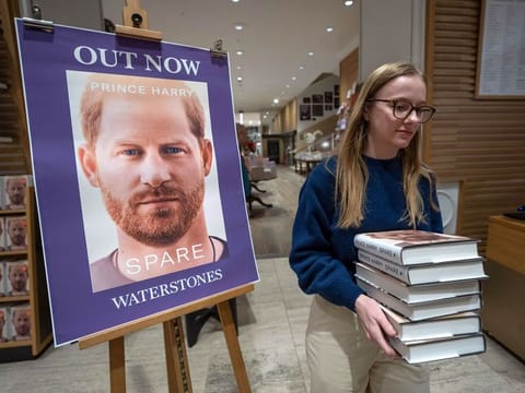 Copies of Prince Harry’s book "Spare" at a book store in London on January 10, 2023. The memoir went on sale, providing a varied portrait of the Duke of Sussex and the royal family. 