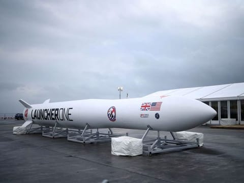 A replica model of Virgin Orbit's LauncherOne rocket sits in a media area ahead of UK's First launch at Newquay Airport in Newquay, Britain, January 8, 2023. 