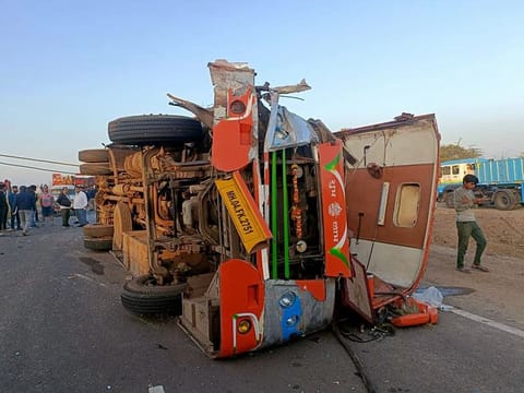 Wrecked remains of a bus near Pathare on Nashik-Shirdi Highway, on Friday.  