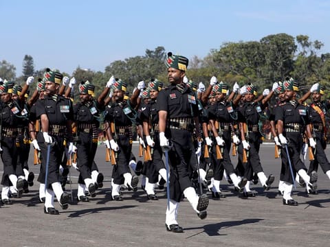 A contingent of the Madras Regiment marches past at the 75th Army Day Parade, at MEG Centre, in Bengaluru on Sunday, Jan 15, 2023.