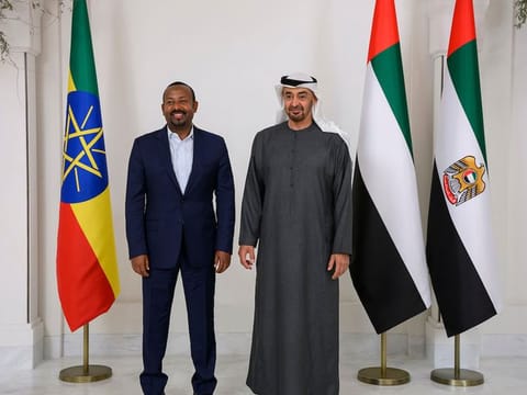 President His Highness Sheikh Mohamed bin Zayed Al Nahyan stands for a photograph with Abiy Ahmed, Prime Minister of Ethiopia, prior to a meeting, at Al Shati Palace.