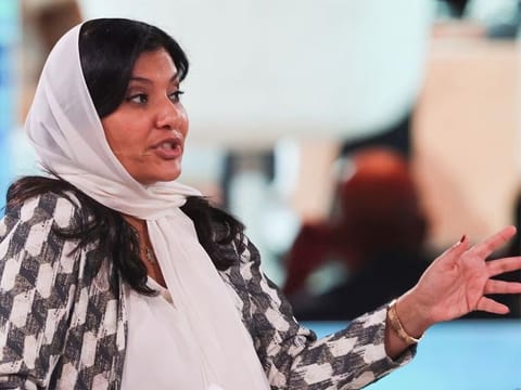 Saudi Arabia's Ambassador to United States, Princess Reema bin Bandar bint Sultan, speaks at the Future Investment Initiative conference, in Riyadh, October 25, 2022. 