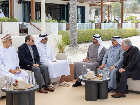 His Highness Sheikh Mohamed bin Zayed Al Nahyan, President of the United Arab Emirates (3rd R) hosts  the  fraternal consultative meeting with King Abdullah II, King of Jordan (R), King Hamad bin Isa Al Khalifa, King of Bahrain (2nd R), Sheikh Tamim bin Hamad Al Thani, Emir of Qatar (4th R), Abdel Fattah El Sisi, President of Egypt (5th R) and  Sayyid Haitham Bin Tariq Al Said, Sultan of Oman (L), after the the fraternal consultative meeting, at the St Regis Saadiyat. 