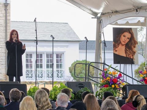 Priscilla Presley speaks during a public memorial for her daughter, singer Lisa Marie Presley, the only daughter of the "King of Rock 'n' Roll," Elvis Presley, at Graceland Mansion in Memphis, Tennessee.