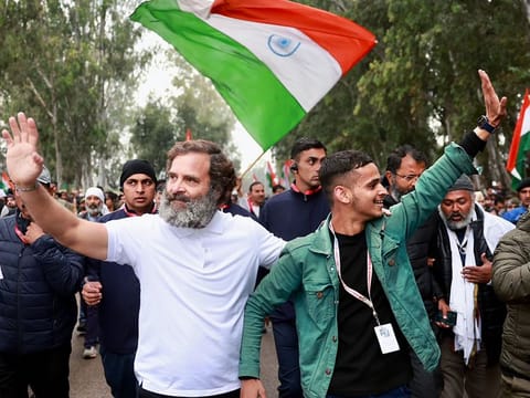 Indian National Congress leader Rahul Gandhi with a padayatri during the party's Bharat Jodo Yatra in Udhampur, Jammu and Kashmir on January 24, 2023. Traversing 12 states, the walk from the south to the north of India covered 3,500km over 150 days. It is scheduled to end with the unfurling of the Indian flag in Srinagar, Jammu and Kashmir, on January 30. 