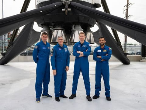 The SpaceX Dragon spacecraft, named Endeavour, atop a Falcon 9 rocket, will carry Sultan AlNeyadi (extreme right), along with two NASA astronauts – mission commander Stephen Bowen and Pilot Warren Hoburg – and Roscosmos cosmonaut Andrey Fedyaev to the ISS.