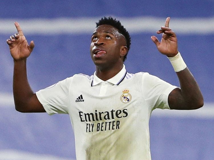 Real Madrid's Brazilian forward Vinicius Junior celebrates