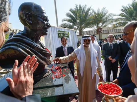 Sheikh Nahyan bin Mubarak Al Nahyan, Minister of Tolerance and Coexistence unveils the bust of Gandhi at the Consulate General of India in Dubai on Tuesday. Sunjay Sudhir, Indian Ambassador to UAE and Consul General Dr Aman Puri are also present along with other dignitaries. 