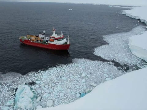 Italian ice breaker vessel Laura Bassi carrying scientists researching in the Antarctic.