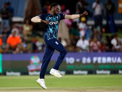 England pacer Jofra Archer celebrates after dismissing South Africa's Tabraiz Shamsi during the third One Day International on Wednesday.