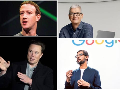 Mark Zuckerberg (Meta), Tim Cook (Apple), Sundar Pichai (Alphabet) and Elon Musk (Tesla) [Clockwise from top left]