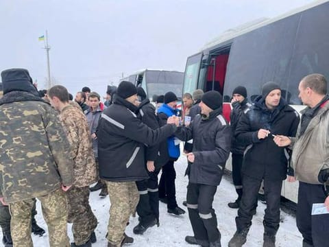 File photo from an earlier prisoner swap: Ukrainian prisoners of war (POWs) are seen after a swap, amid Russia's attack on Ukraine, in an unknown location, Ukraine, in this handout picture released February 4, 2023. 