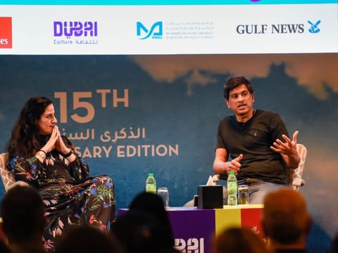 Dr Rangan Chatterjee during a session "Happy Mind, Happy Life-10 Simple Ways to Feel Great Every Day" with moderator Sally Mousa (left) at Emirates Airline Festival of Literature on Sunday. 