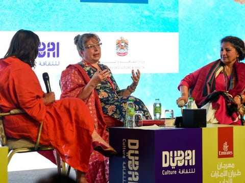 (From right) Geetanjali Shree, Daisy Rockwell and moderator Barkha Dutt during a session on "Tomb of Sand" at the Emirates Airline Festival of Literature on Sunday. 