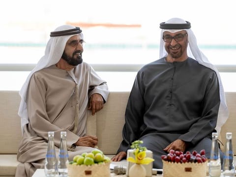 Sheikh Mohamed bin Zayed received Sheikh Mohammed at Qasr Al Bahr Palace in Abu Dhabi.