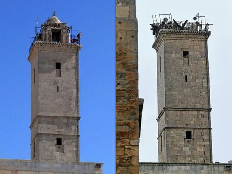 A picture taken on July 3, 2016, showing the minaret of the mosque inside of the UNESCO-listed citadel, in the regime-controlled northern Syrian city of Aleppo (L) and a picture taken on February 6, 2023, of the same tower following an earthquake. 