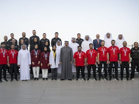 President His Highness Sheikh Mohamed bin Zayed Al Nahyan (centre front) with Abu Dhabi Centre for Technical and Vocational Education and Training (ACTVET) delegation and the winners of the Global Skills Competition, during a Sea Palace barza