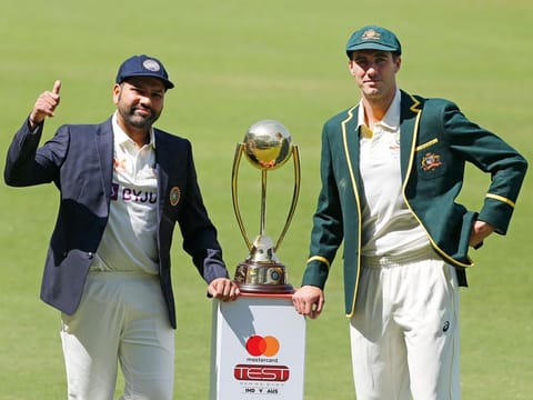 India and Australia captains Rohit Sharma and Pat Cummins pose with Border Gavaskar Trophy ahead of the four-Test series, at Vidarbha Cricket Association Stadium, in Nagpur on February 8, 2023. The first test match will start from Thursday (February 9). 