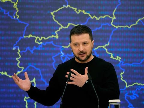 Ukrainian President Volodymyr Zelensky addresses a media conference after the EU-Ukraine summit in Kyiv, Ukraine, Friday, Feb. 3, 2023.