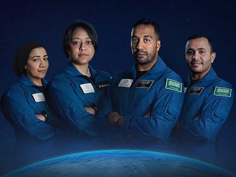 Rayyanah Barnawi and Ali AlQarni (Centre) will join the crew of the AX-2 space mission while Mariam Fardous (L) and Ali Al Gamdi (R) will also be trained on all the requirements of the mission. 