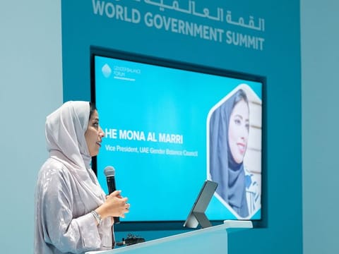 Mona Al Marri addresses the gathering at WGS 2023 in Dubai on Tuesday