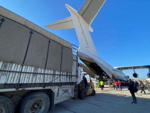 A Saudi aid plane at Aleppo airport on February 14, 2023. 