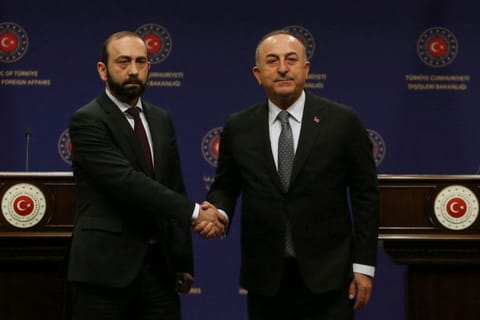 Turkish Foreign Minister Mevlut Cavusoglu during his meeting with his Armenian counterpart Ararat Mirzoyan in Ankara on February 15, 2023.  