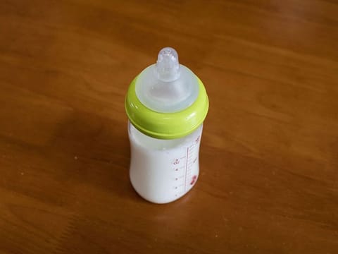 A bottle of milk prepared from infant formula.