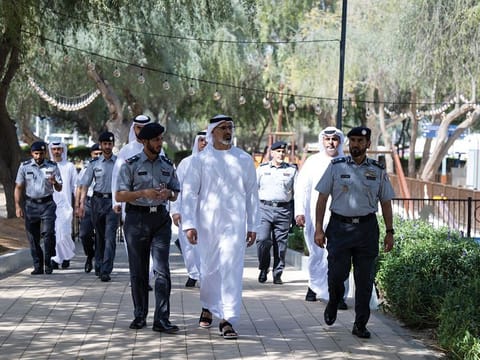 Sheikh Khaled bin Mohamed bin Zayed Al Nahyan (centre front) during his visit to the park on Friday