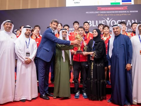 Sheikh Nahayan presenting the trophy to Team China after winning the Blue Ocean Dubai 2023 Badminton Asia Mixed Team Championship on Sunday.