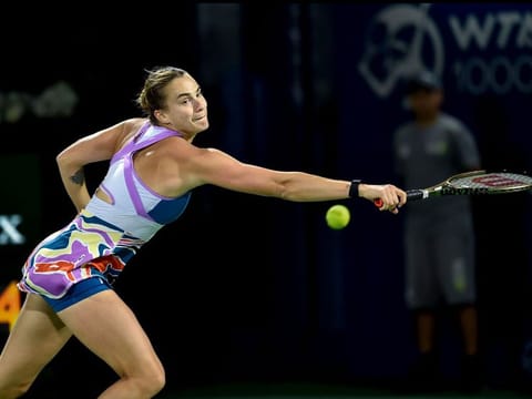 Second seed Aryna Sabalenka of Belarus in action against defending champion Jelena Ostapenko of Latvia in the third round of the Dubai Duty Free Tennis Championships on Wednesday. In the battle of Grand Slam winners, Australian Open champion Sabalenka beat former French Open champ Ostapenko. 