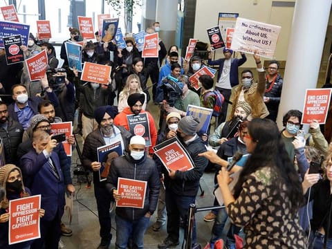 Seattle Council member Kshama Sawant speaks to supporters and opponents a of a proposed ordinance to add caste to Seattle's anti-discrimination laws rally at Seattle City Hall, Tuesday, Feb. 21, 2023, in Seattle. Sawant proposed the ordinance. 